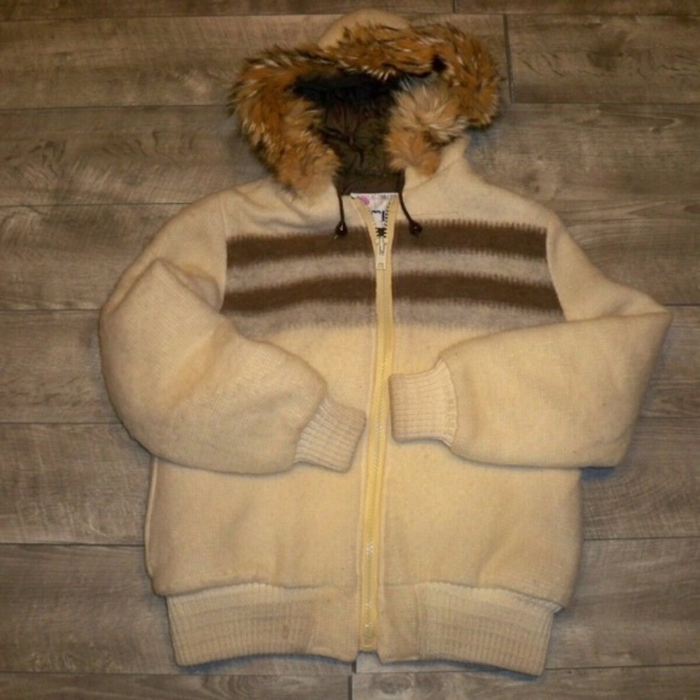 Vintage Gemini Parka Womens Fur Hoodie Striped Wool Blanket Coat Jacket Size 14
